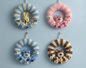 Large Wreath Garland Handmade to order Any colours + Animal Head - wall door decoration - Crocheted - child’s room nursery - baby gift