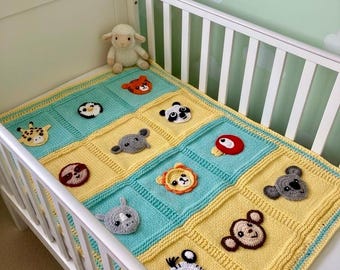 Handmade Crochet Knitted Baby Toddler  Blanket - Zoo Safari Animal Theme - Lion Sloth Giraffe Parrot Zebra Penguin Rhino  - New Baby Gift
