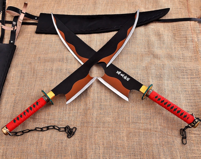 38" Demon Slayer Tengen Uzui Nichirin Swords with Leather Sheath | Famous Anime Cosplay