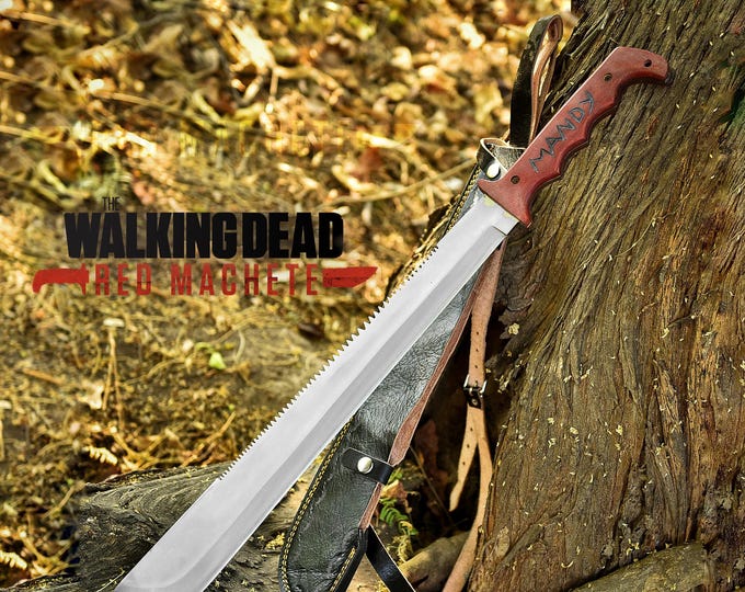 The Walking Dead Red Machete Replica | Full Tang D2 Steel, Leather Sheath