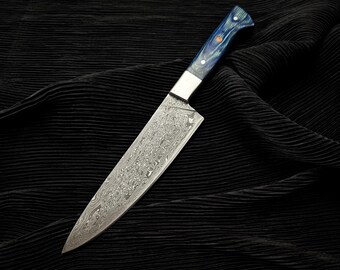 Handmade Damascus Chef Knife: Raindrop Pattern, Pakka Wood Handle, Leather Sheath