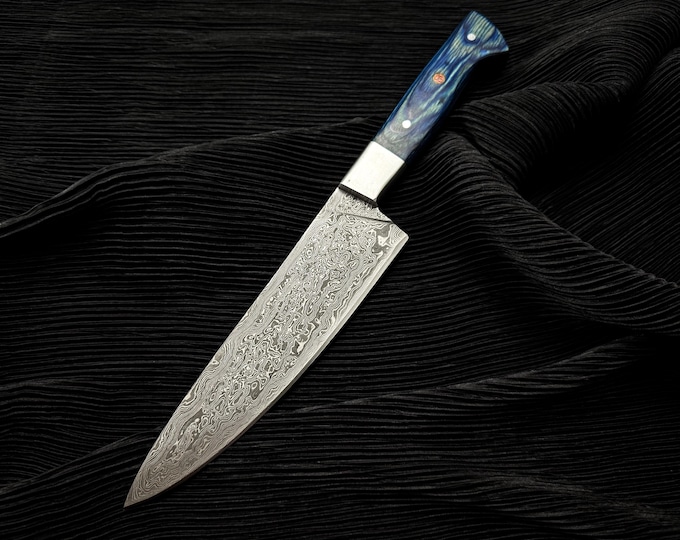 Handmade Damascus Chef Knife: Raindrop Pattern, Pakka Wood Handle, Leather Sheath