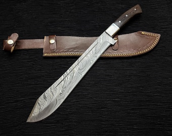 Handmade 18'' Damascus Steel Machete: Full Tang, Densified Wood Handle, Leather Sheath