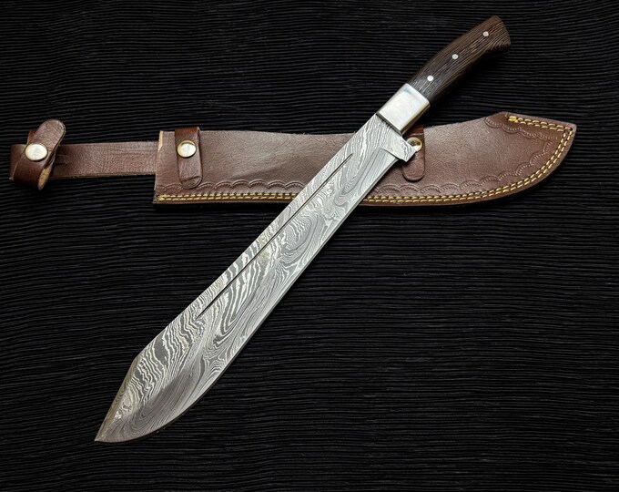 Handmade 18'' Damascus Steel Machete: Full Tang, Densified Wood Handle, Leather Sheath