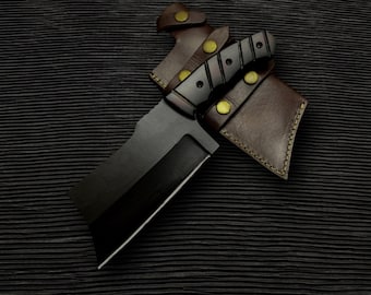 Handmade Black Coated Chef Cleaver: Stainless Steel Blade, Leather Sheath