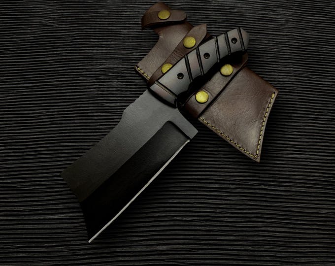Handmade Black Coated Chef Cleaver: Stainless Steel Blade, Leather Sheath