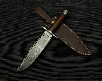 Custom Damascus Bowie Knife: Handmade Walnut Handle, Leather Sheath