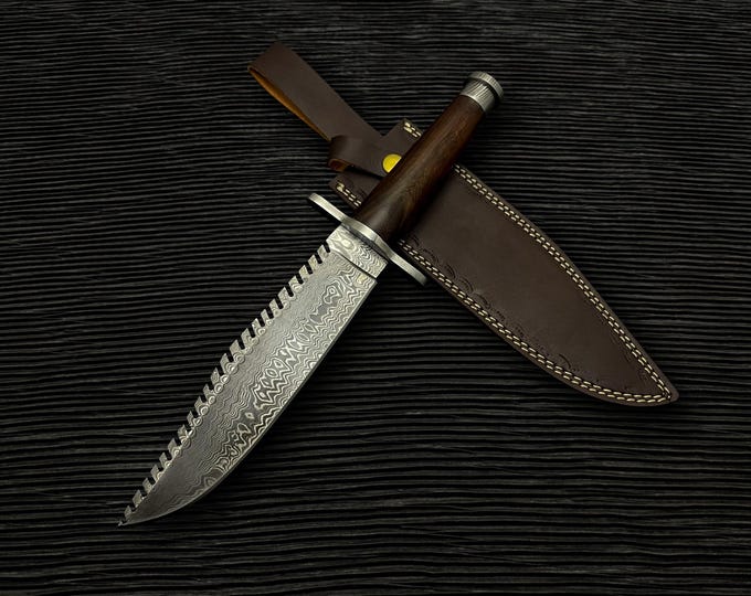 Custom Damascus Bowie Knife: Handmade Walnut Handle, Leather Sheath