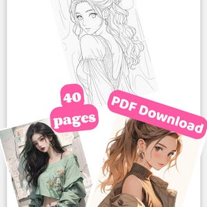 40 Beautiful Girls Coloring Pages | Digital Download | Adult Coloring Book | Cute Kawaii girls Coloring | Printable