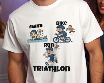Camiseta de triatlón divertida, regalo para nadar, andar en bicicleta, correr, pizza, regalo para triatletas, camiseta de triatlón divertida para hombres y mujeres, camiseta divertida de estilo cómic.