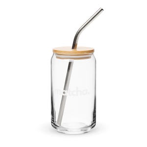 MATCHA - Glass with stainless steel straw and bamboo lid for iced and hot matcha, reusable and washable glass, minimalistic and modern