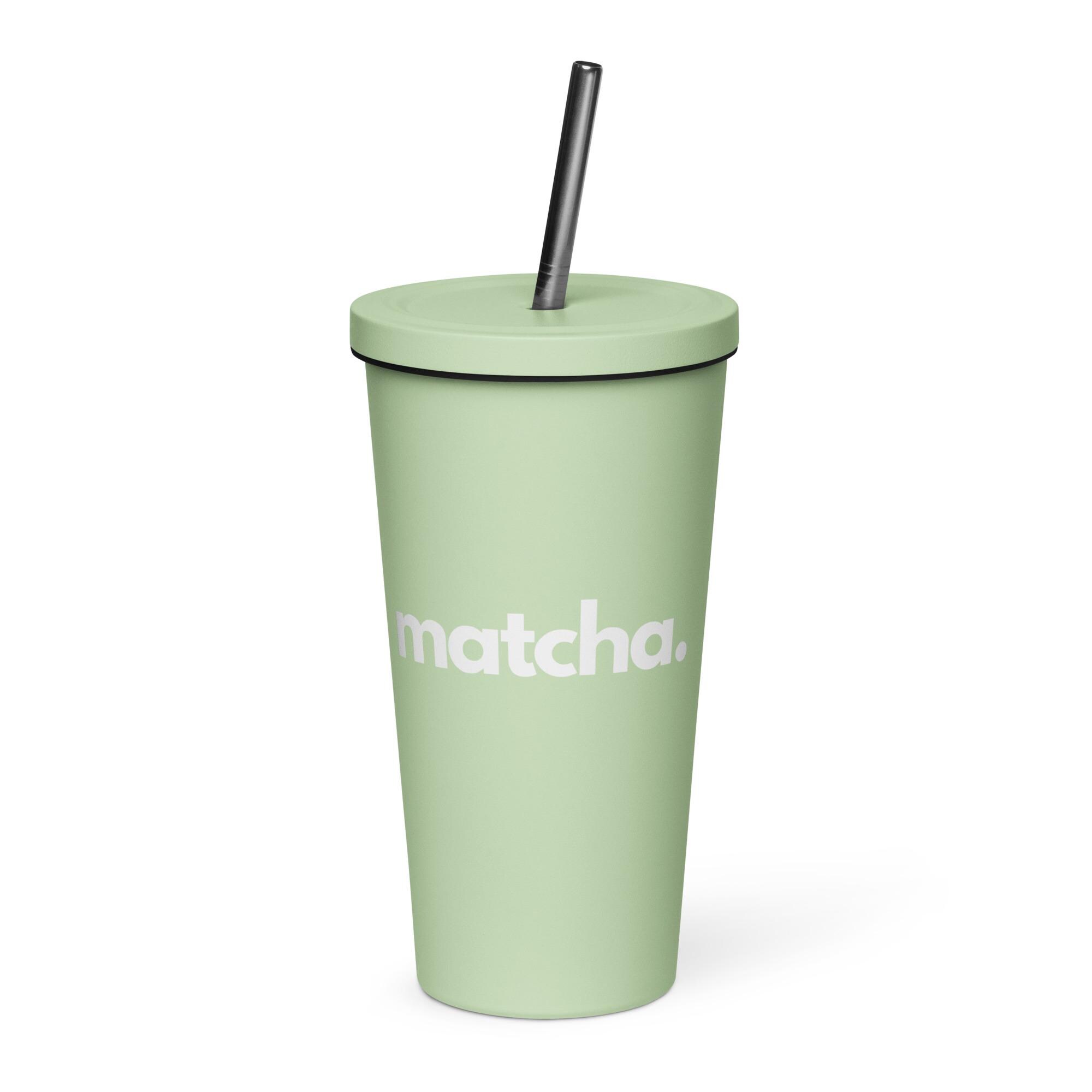 MATCHA - Bicchiere termico con cannuccia in acciaio inossidabile e coperchio per asporto e da viaggio, lavabile, per gli amanti del matcha freddo e caldo. - Italia