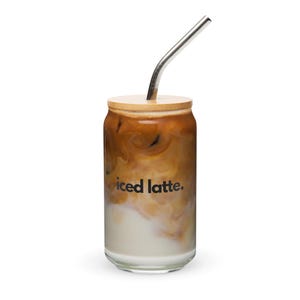 ICED LATTE - Can-shaped glass with stainless steel straw and bamboo lid for iced latte, coffee, cappucino & cold brew, anti stain and odor