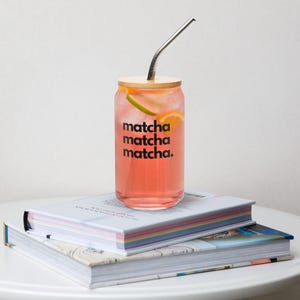 MATCHA MATCHA - Can-shaped glass with stainless steel straw and bamboo lid for iced and hot matcha lovers and enthusiasts, iced matcha cup