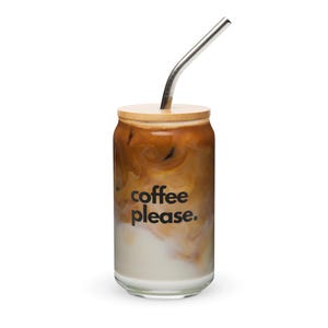 COFFEE PLEASE - Can-shaped glass with stainless steel straw and bamboo lid for iced latte, coffee & cappucino