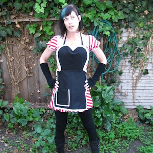 Handmade Black Apron: Eyelet Lace Trim, Upcycled Ties