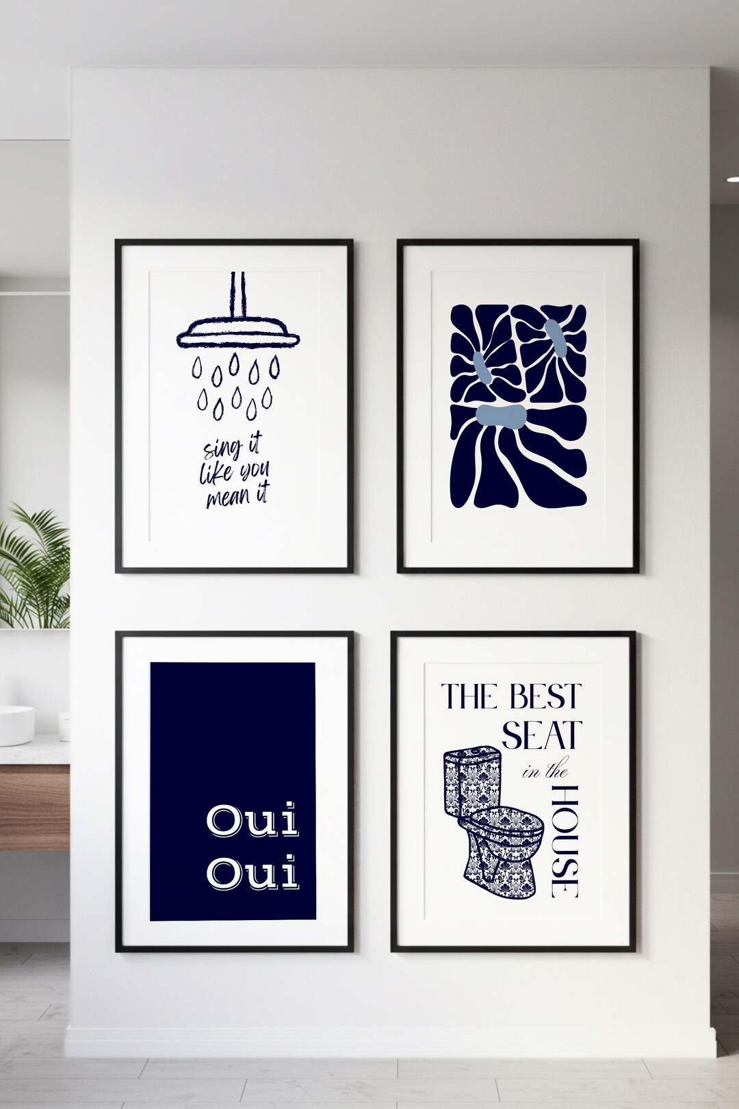 Funny Bathroom Prints Set: Navy Blue Minimalist Art (digital Download ...