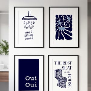 Funny Bathroom Prints Set: Navy Blue Minimalist Art (Digital Download)