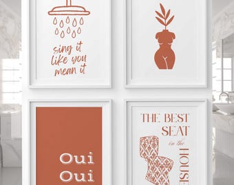 Orange Terracotta Bathroom Prints Set | Modern Minimalist Art (Digital Download)