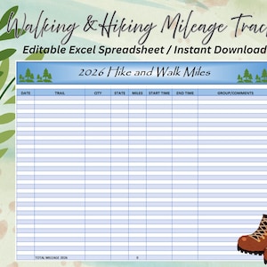 Editable Hiking Logbook: Hike and Walk Mileage Tracker (Excel Spreadsheet)
