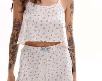 Katoenen pyjamaset met hart, verstelbaar topje en korte broek, leuke zomernachtkleding, zachte ademende pyjama's Cadeau voor haar