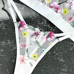 Floral Embroidered Lingerie Set, Red Lace, Triangle Bra, Harness Straps, String Panties, Intimate Wear