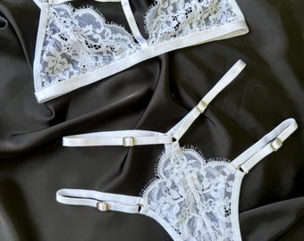 Lingerie Set with Harness Straps and Thong, Handmade Adjustable Lace Underwear, Gift for Her