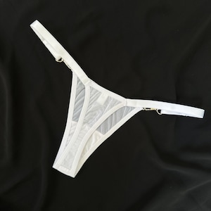 White Mesh Thong with Carabiner, Adjustable Straps, Cotton Lining, Minimal Elastic Lingerie Panties