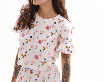 Warm Cotton Pajama Set with Ruffle Shorts, Soft Natural-Fabric PJs, Winter Sleepwear for Women, Cute Cozy Lounge Set