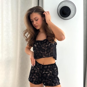 Black Lace Pajama Set for Women, Sexy Lingerie Sleepwear, Two Piece See Through Top and Shorts
