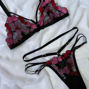 Könnte beinhalten: Schwarzes Dessous-Set, bestehend aus einem Bralette und einem String-Tanga. Das Set ist mit gestickten rosa und roten Blumenmotiven verziert. Das Bralette hat verstellbare Träger, der String ein zartes Design. Präsentiert auf weißem Stoff.