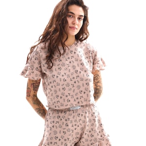 Cotton Pajama Set with Ruffles, Soft Sleepwear for Women, Summer Lounge Set with Printed Top and Shorts