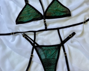 Lingerie Set, Strappy Lace Lingerie Set with Adjustable Harness, Sexy Underwear for Her, Custom Size Option