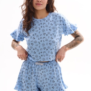 Women&#39;s Cotton Sleepwear Set, Short Top and Shorts with Ruffles, Lightweight Printed Loungewear for Summer