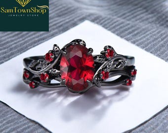Gothic Vampire Ring, Red & Blue Gemstone, Black-Plated Band, Romantic Y2K Gothic Ring, Witch Ring, Red Stone Vampire Jewelry Gift For Her