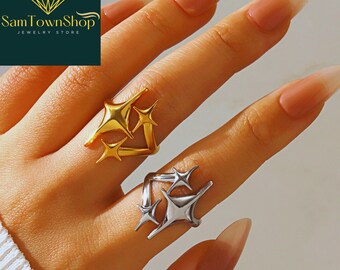 Y2k Star Adjustable Ring Silver Star Ring, Unique Silver Gothic Ring, Irregular Star Open Ring, Shiny Celestial Dainty Ring Gift for her
