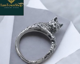 Adjustable Gothic Cat Ring, Silver Kitty Ring, Punk Jewelry, Cat Lover Animal Wrap Jewelry, Statement Open Ring Gift for Men & Women