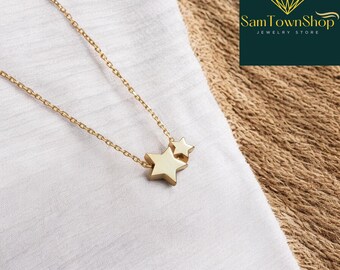 18k Gold Small Double Star Pendant Necklace, Minimalist Celestial Jewelry, Celestial Star Necklace, Layering Chain, Handmade Jewelry Gift