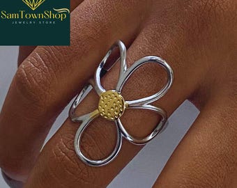 Daisy Wrap Silver Gold Flower Adjustable Ring, Unique Indie Statement Ring, Floral Open Ring Gift for Her