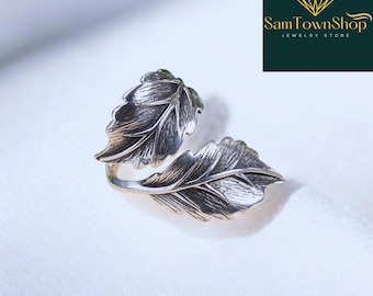 Oxidized Silver Leaf Ring, Adjustable Boho Botanical Jewelry, Unique Statement Open Ring Gift for Her