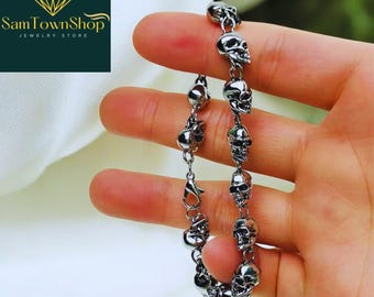 Y2k Skull Bracelet, Men's Heavy Skull Chain, Gothic Punk Jewelry, Biker Rocker Punk Gift, Heavy Punk Bracelet, Rock & Motorcycle Jewelry