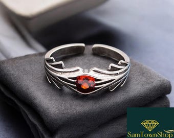Sterling Silver Gothic Red Zircon Adjustable Ring, Romantic Y2K Gothic Ring, Witch Ring, Red Stone Vampire Jewelry, 925 Silver Garnet Ring
