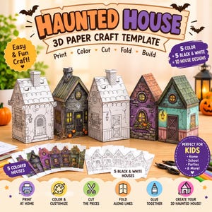 May include: A 3D paper craft template for a haunted house featuring five colored and five black and white house designs. The set includes instructions to print, color, cut, fold, and build. The display shows five assembled paper houses in various styles.