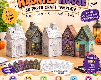 Pueblo de papel embrujado de Halloween en 3D, 5 casas espeluznantes para imprimir para niños, kit de manualidades de papel para hacer tú mismo, actividad para colorear de Halloween, PDF, tamaño carta estadounidense A4