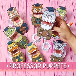 Peut inclure: Une collection de marionnettes en papier représentant des professeurs animaux comme un hibou, un renard, une grenouille, un canard, une souris et un cochon, portant des toques et des lunettes. Chaque marionnette a une bouche ouverte.