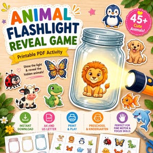May include: An Animal Flashlight Reveal Game printable PDF activity featuring a large glass jar with a lion inside, a flashlight, and various animal stickers including a penguin, puppy, butterfly, ladybug, cow, dinosaur, goldfish, and dolphin.