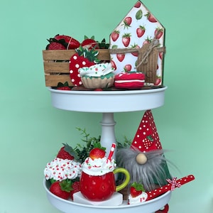 Strawberry handmade tiered tray decorations, summer strawberry themed tray, decorative strawberry tray, faux strawberry desserts, fake bake