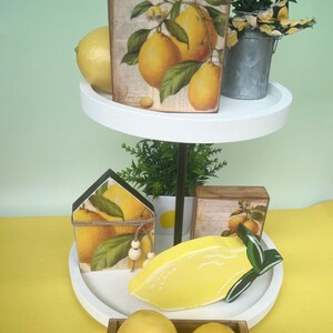 Lemon summer tiered tray decor, lemon theme home decor, lemon signs, lemon handmade decorations, summer home decor, lemons