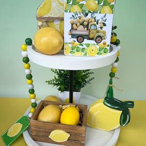 Lemon summer tiered tray decor, lemon theme home decor, lemon signs, lemon handmade decorations, summer home decor, lemons