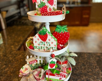 Strawberry Tiered Tray Decor, Cheerful Strawberry themed decor, Summer Strawberries, Summer tiered tray (Tray not included)